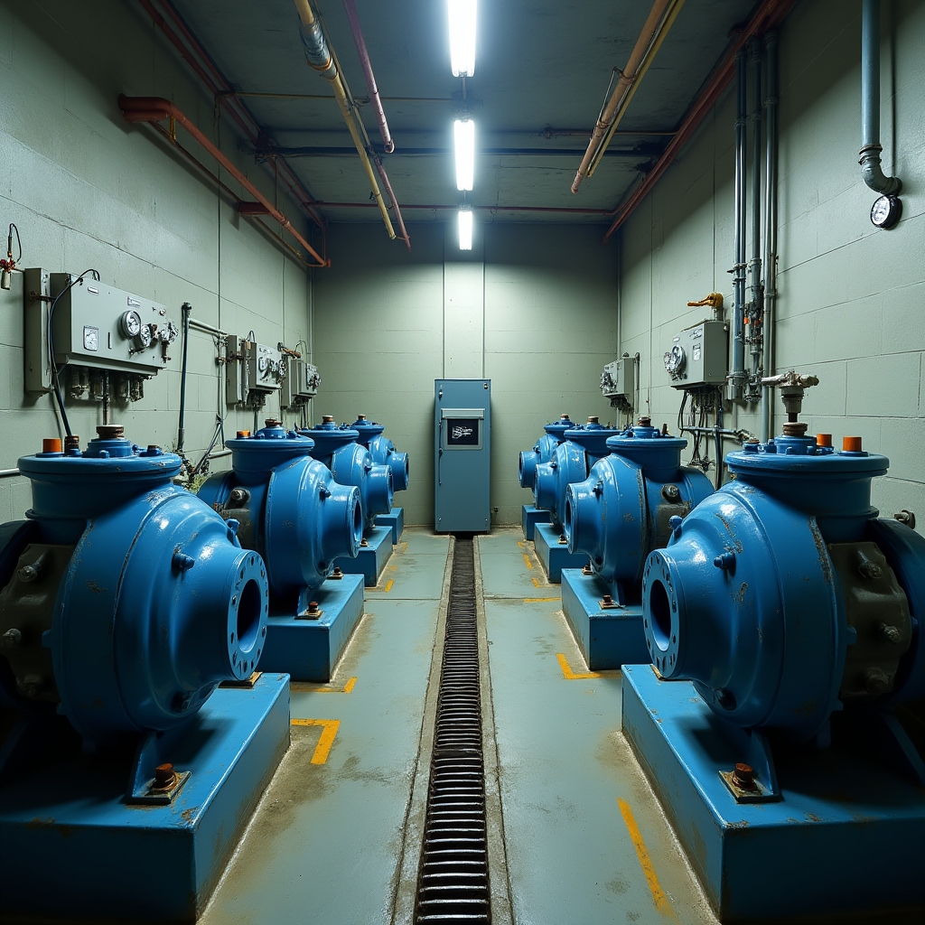 Technical pump room in residential building showing water pressure systems