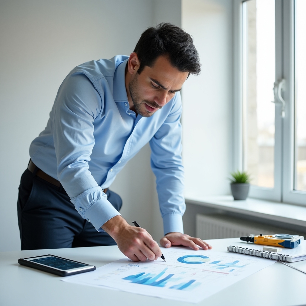 Energy consultant reviewing audit report documents at a desk