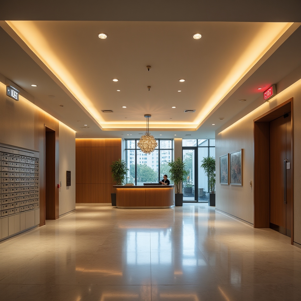 Residential building lobby with lighting systems visible